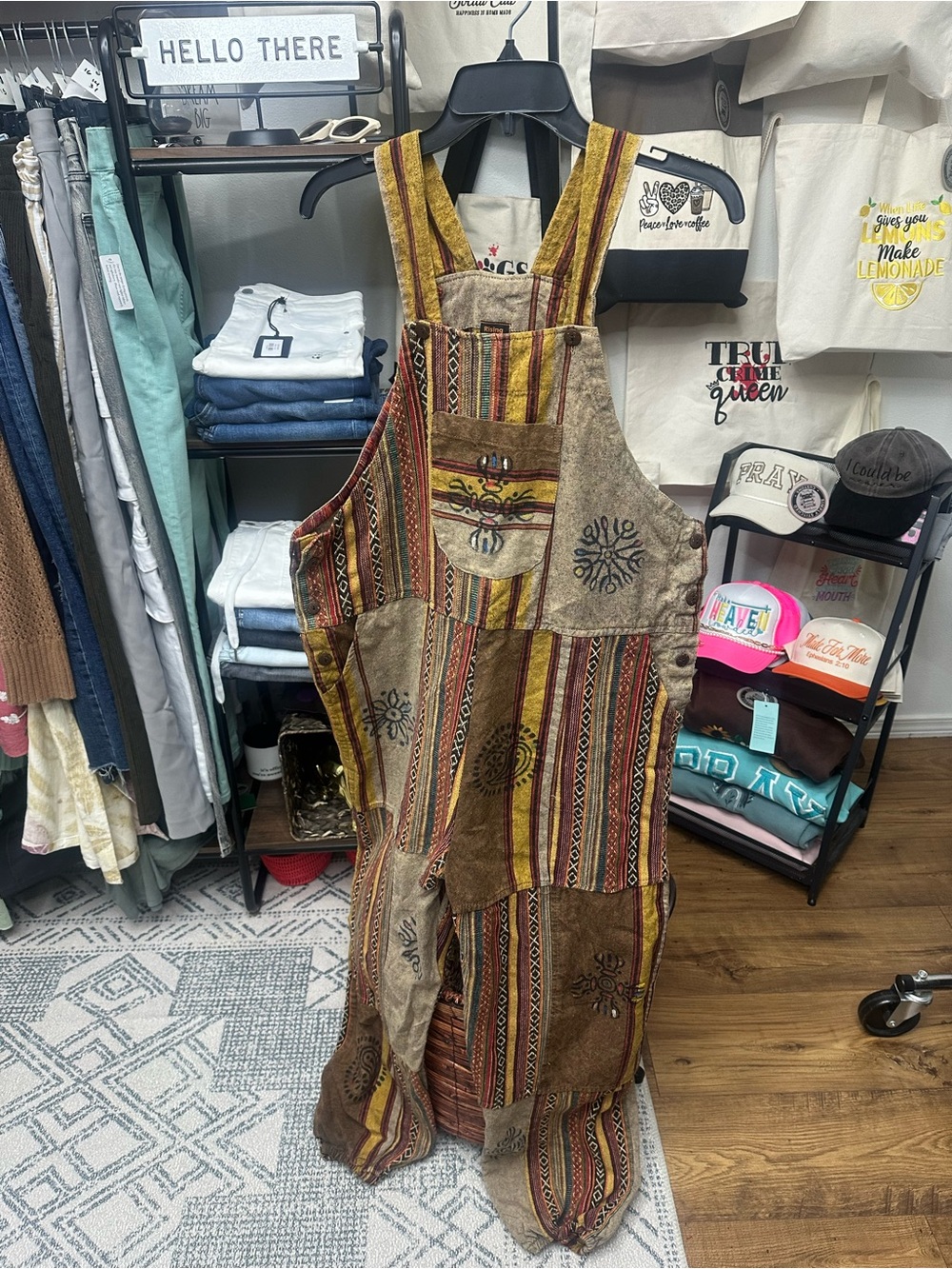 Rising International Multi-Stripe Patchwork Overalls in Earth Tones